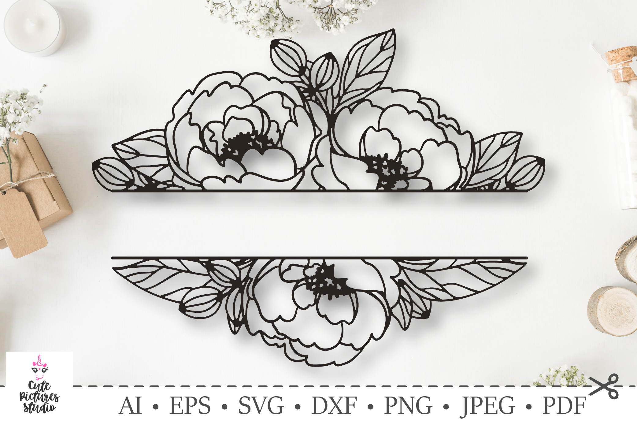 Wedding monogram frame with peony flowers. SVG DXF cut file.