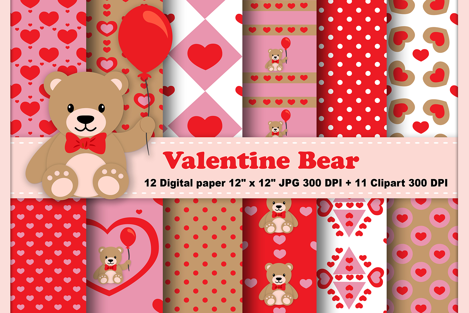 Valentine Digital Paper, Valentine Bear Background, Bear Pattern, Teddy