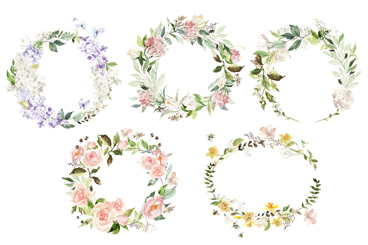 Hello Spring! Watercolor floral wreaths with spring flowers (220471 ...