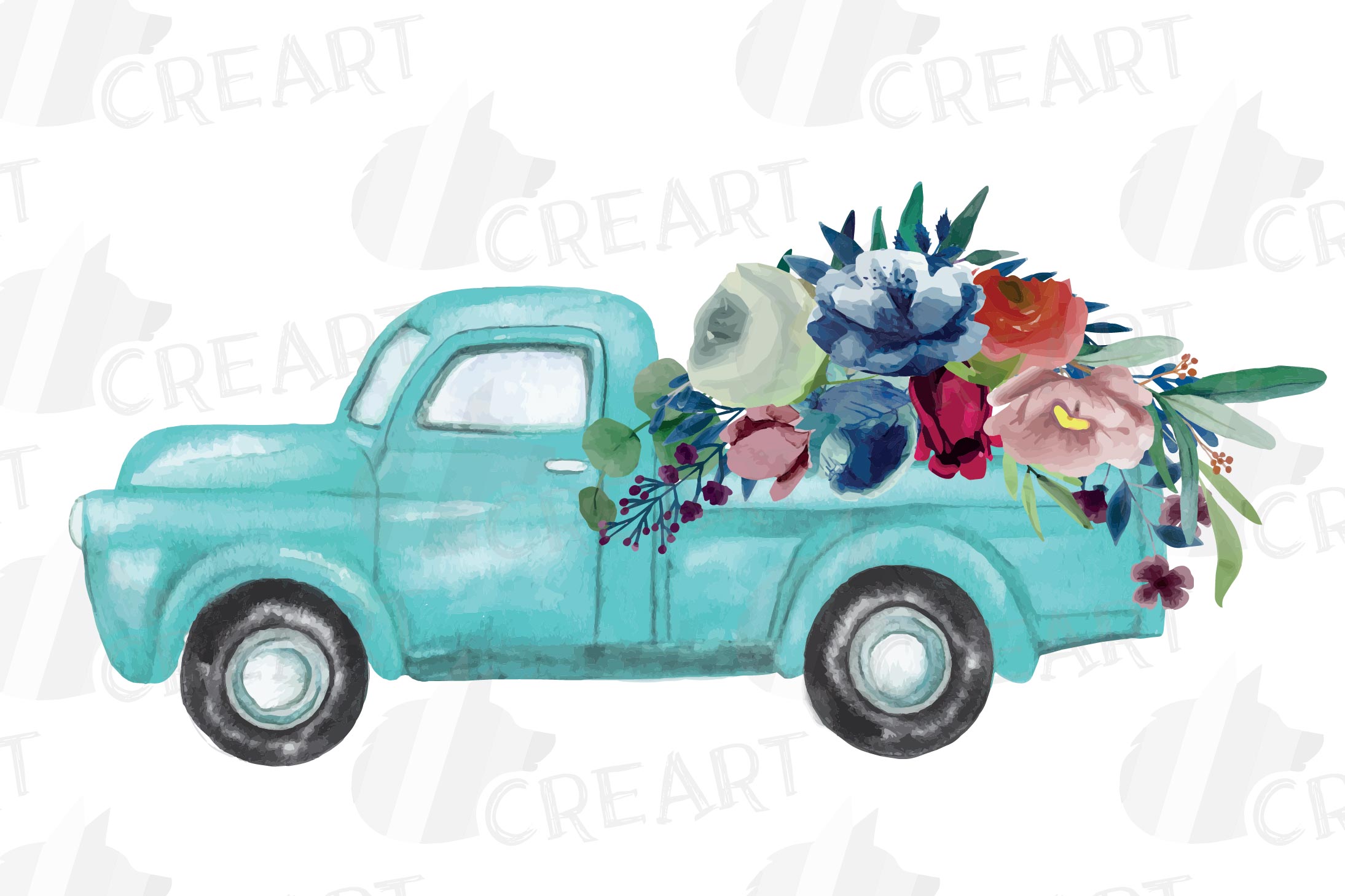 Download Watercolour printable floral pickup trucks decoration png