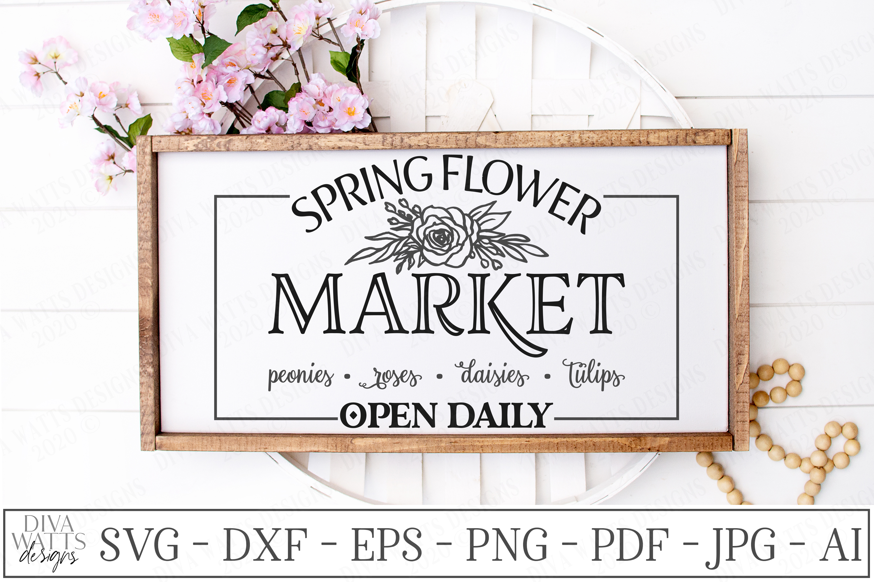 Download Spring Flower Market Farmhouse Sign Svg Roses Peonies PSD Mockup Templates