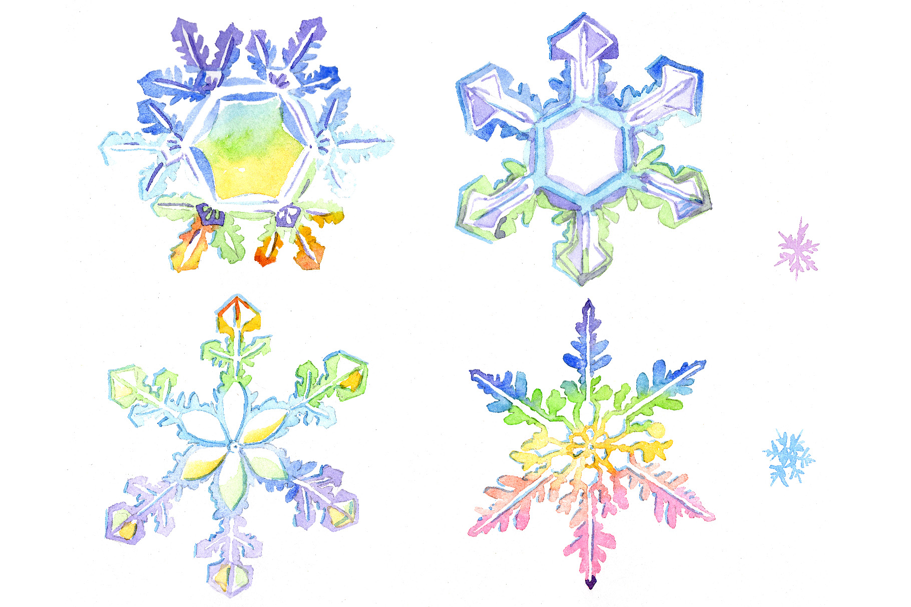 Watercolor colorful snowflakes PNG set