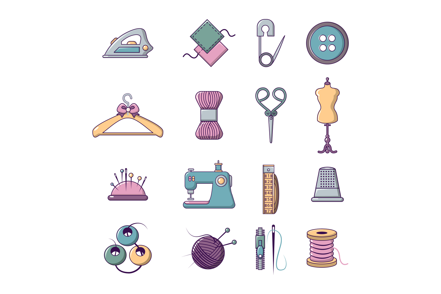 Tailor tools icons set, cartoon style