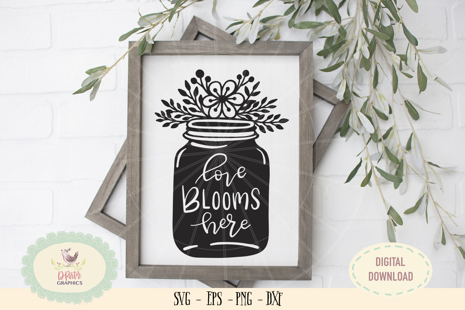 Love blooms here mason jar flowers SVG PNG hand drawn (235078) | SVGs