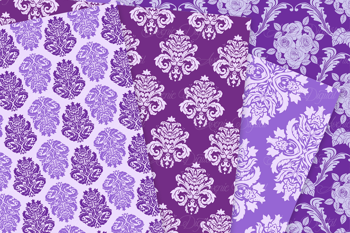 28 Purple Damask Patterns Seamless Digital Papers Bundle