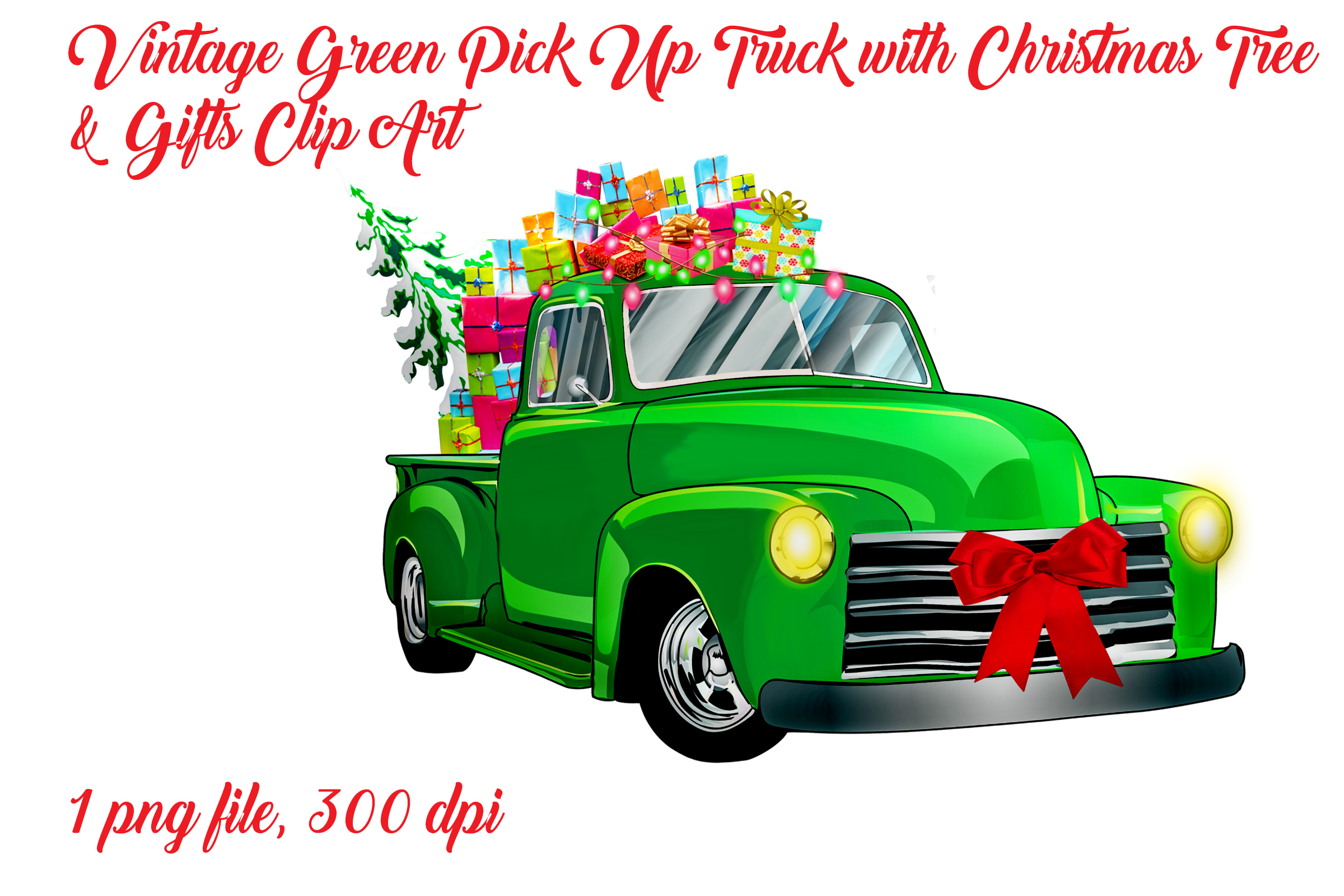 Vintage Green Pick Up Truck with Christmas Tree & Gifts
