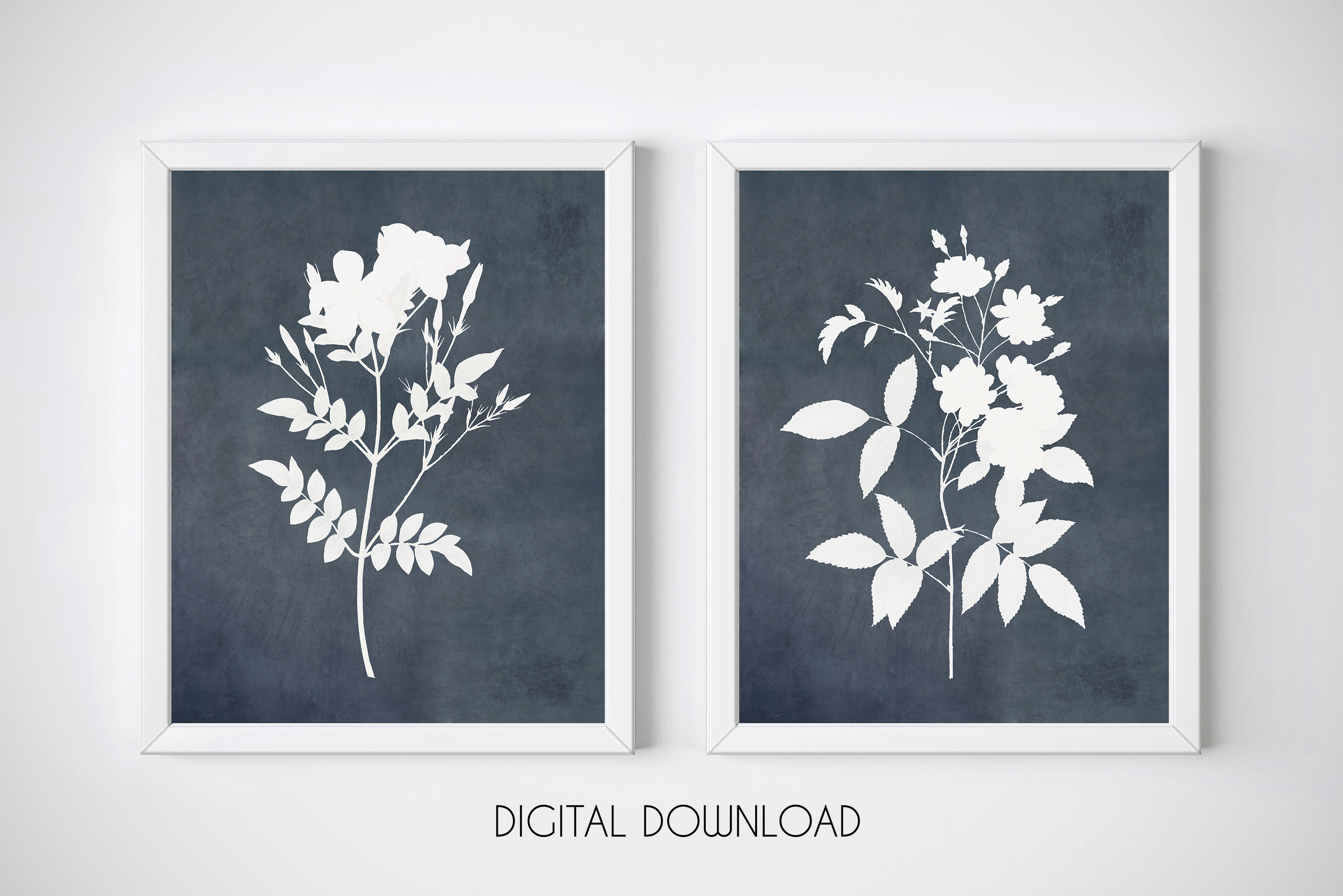 Watercolor Flowers Print Set Navy Blue Wall Art