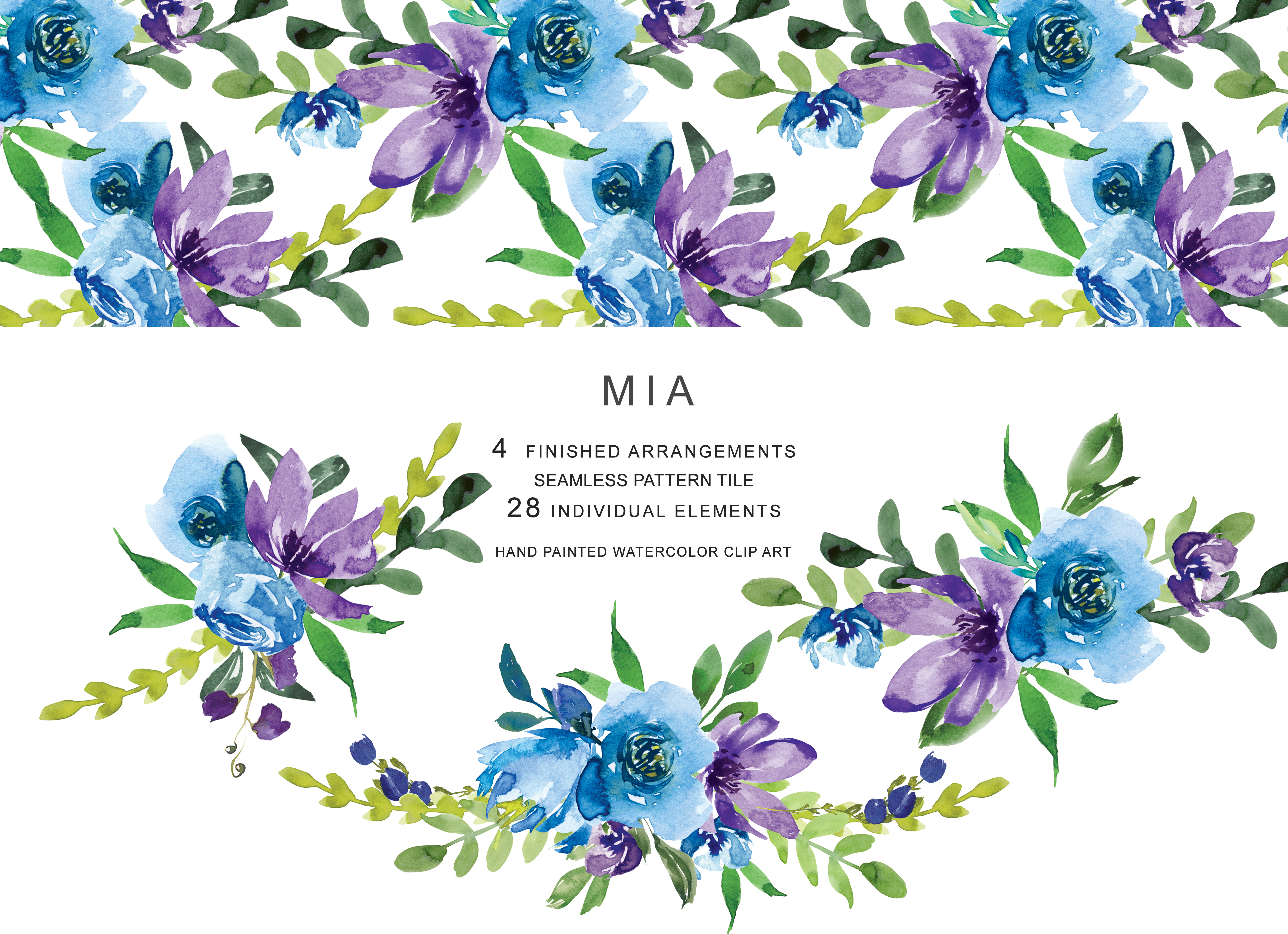Hand Painted Watercolor Purple Blue Flowers Clipart