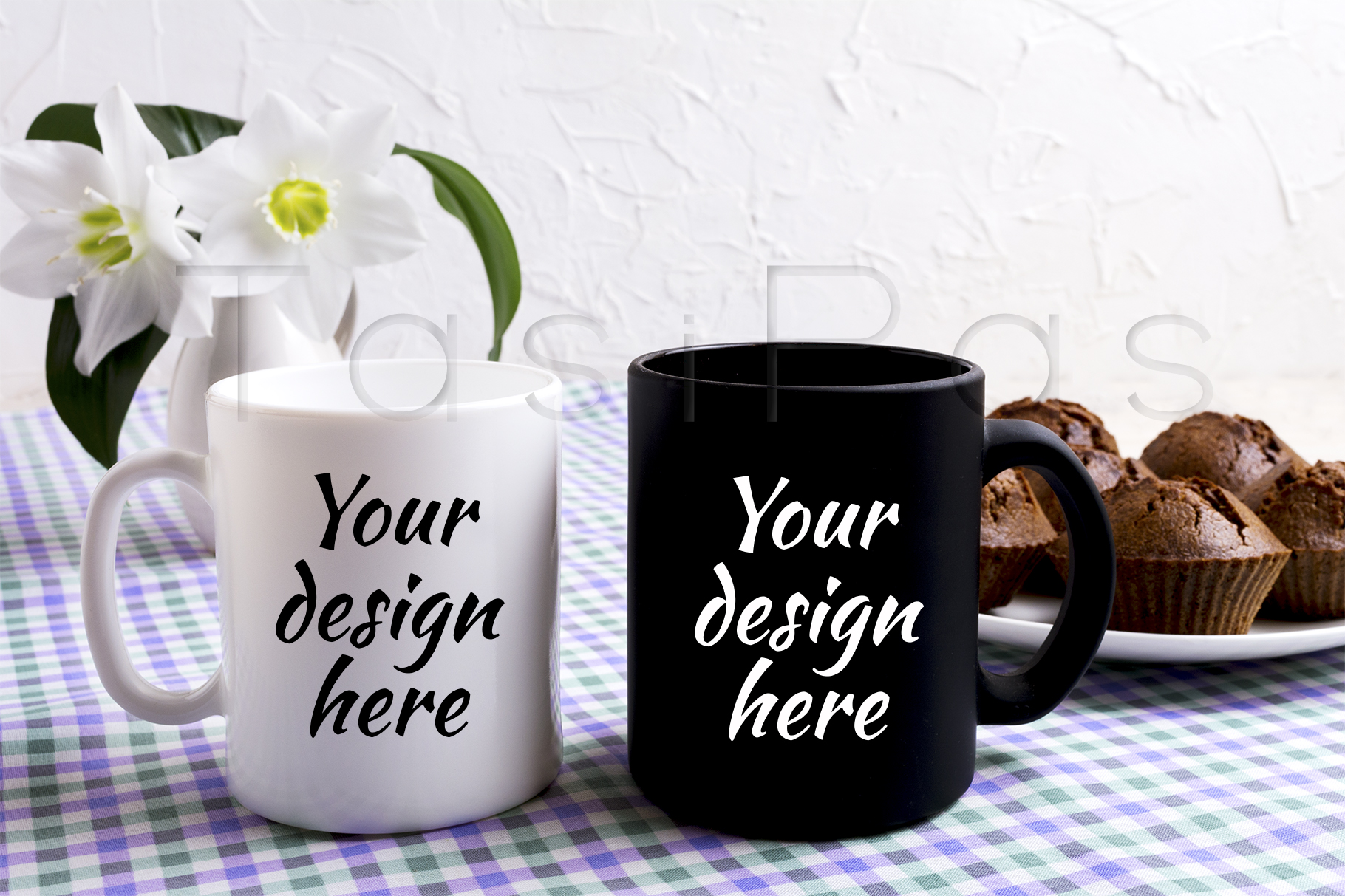 Download White and black mug mockup with chocolate muffins