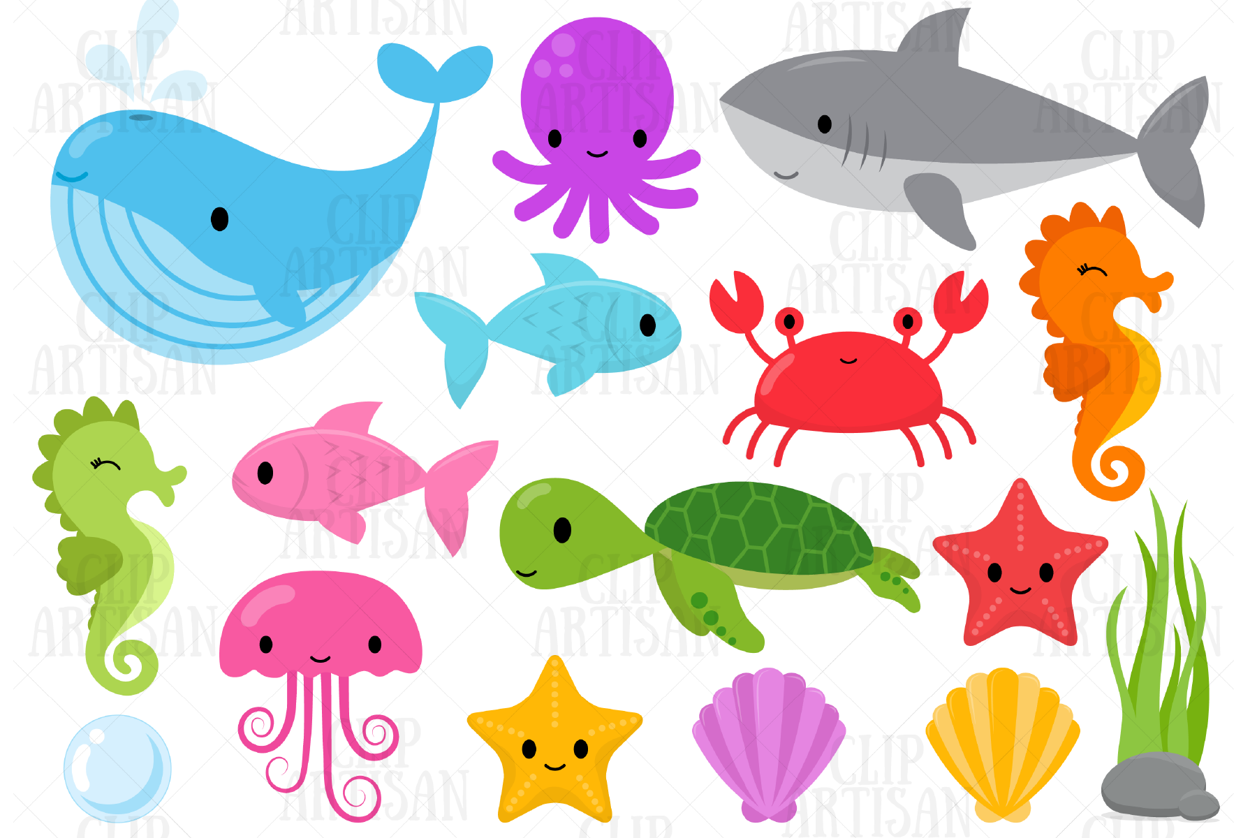 Sea Animals Clip Art, Ocean Creatures (438428) | Illustrations | Design