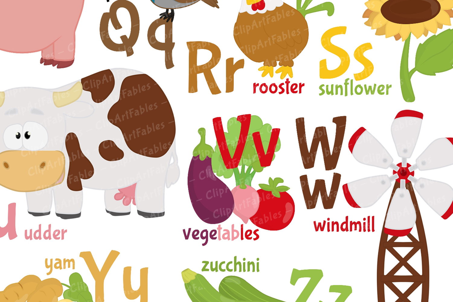 Cute english FARM alphabet, Barnyard ABC - colorful wall ar