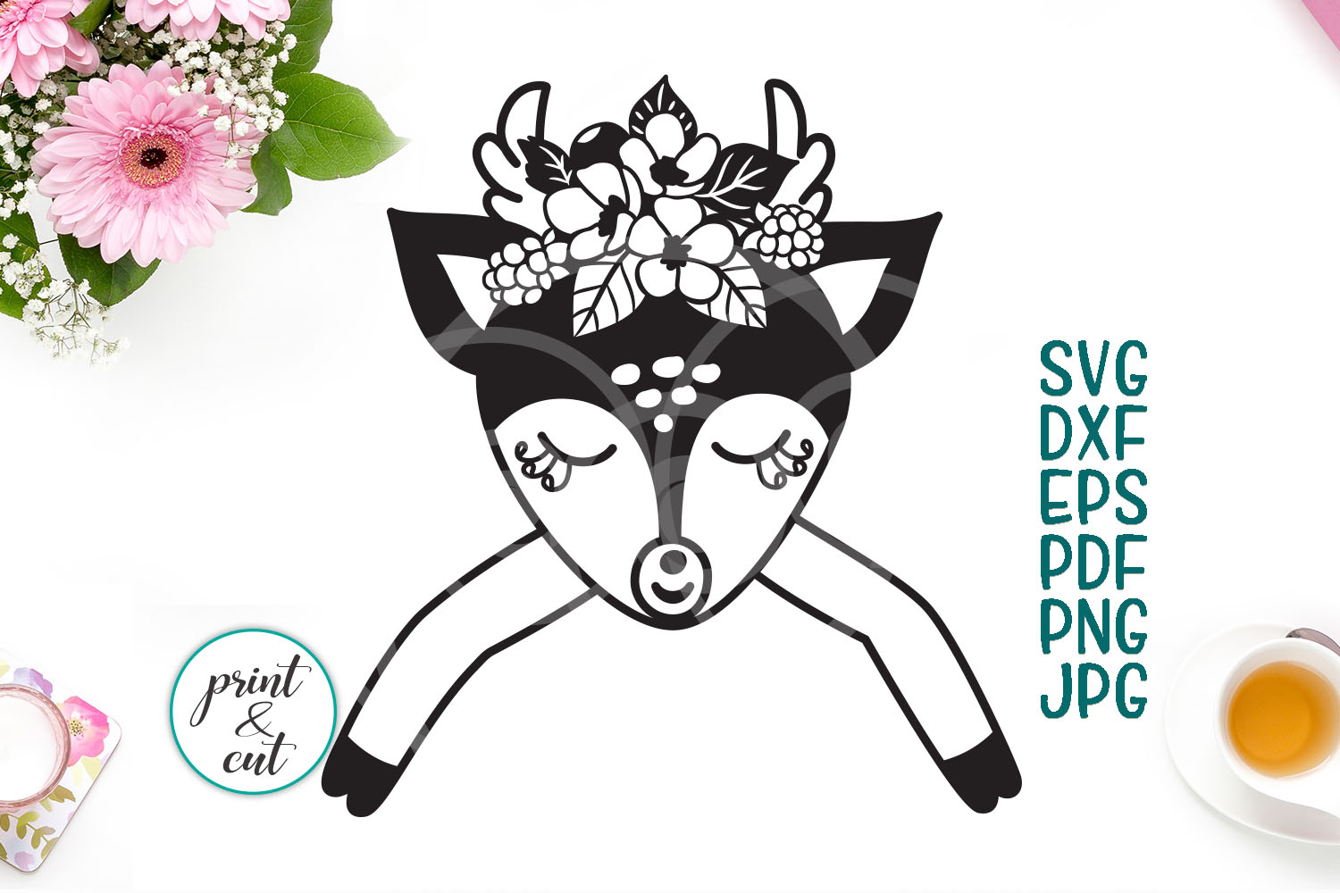 Download Baby deer with flowers svg dxf to cut png pdf printable file