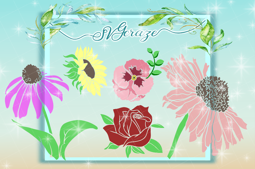 Flower Bundle SVG DXF Rose Sunflower Daisy Cone Pansy