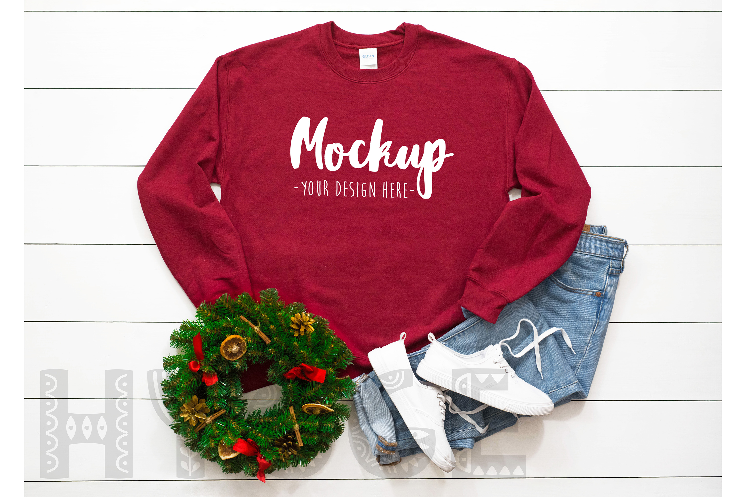 Download Gildan 18000 Mockup Christmas Cardinal Red Sweatshirt Winter