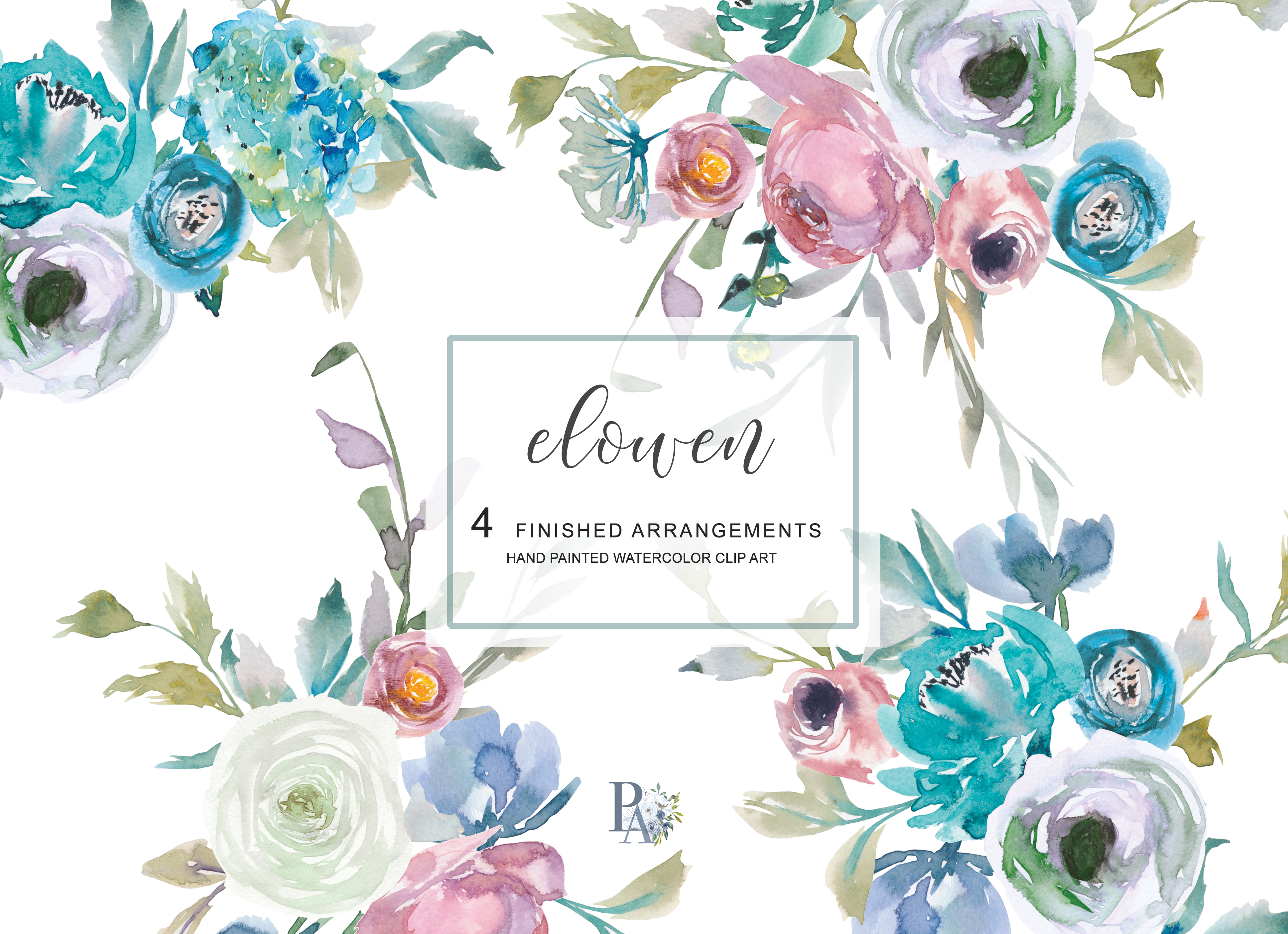 Watercolor Dusty Blue &Turquoise Floral Clipart example image 1.