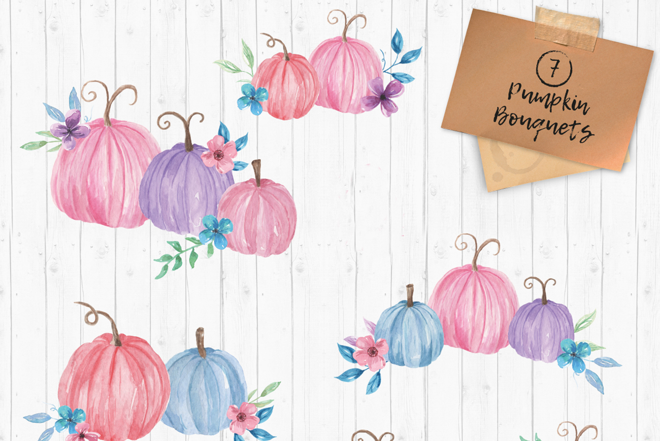 Pumpkin Huge Kit Pink Blue Watercolor Clipart Fall Package (131260