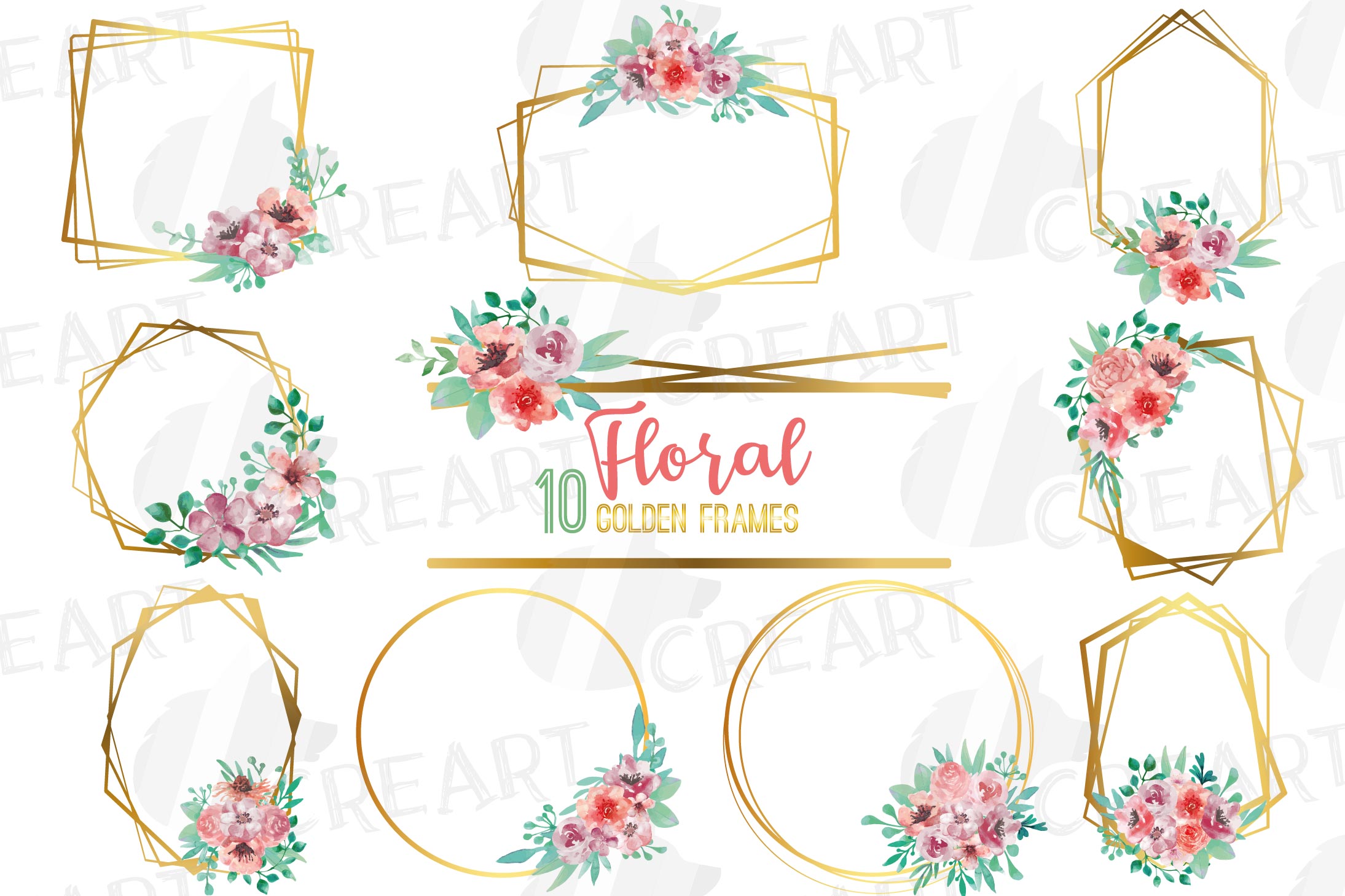 Coral pink watercolor floral golden frames and borders ...