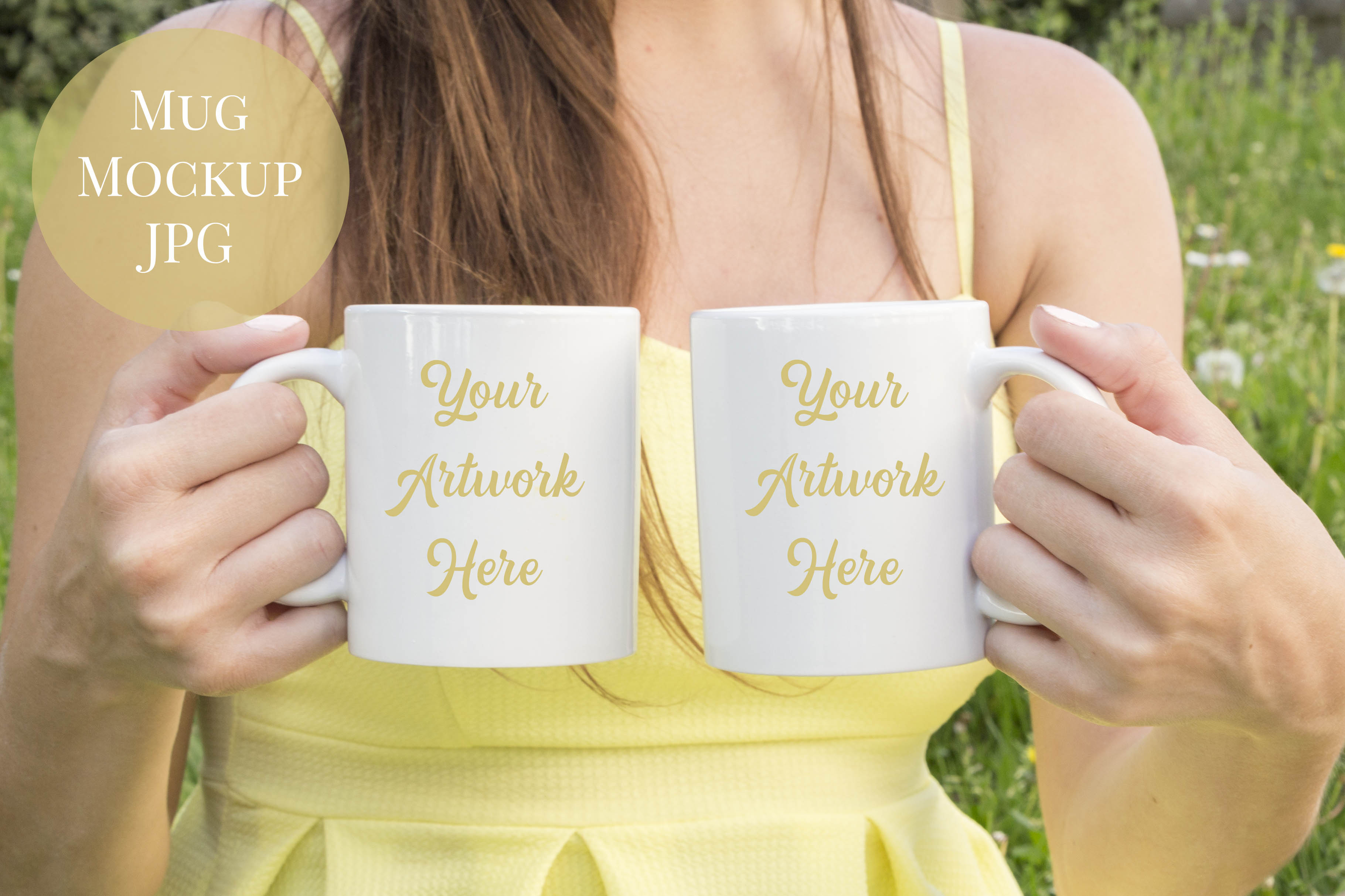 Woman Holding Double Mugs Mockup (91491) | Mock Ups | Design Bundles