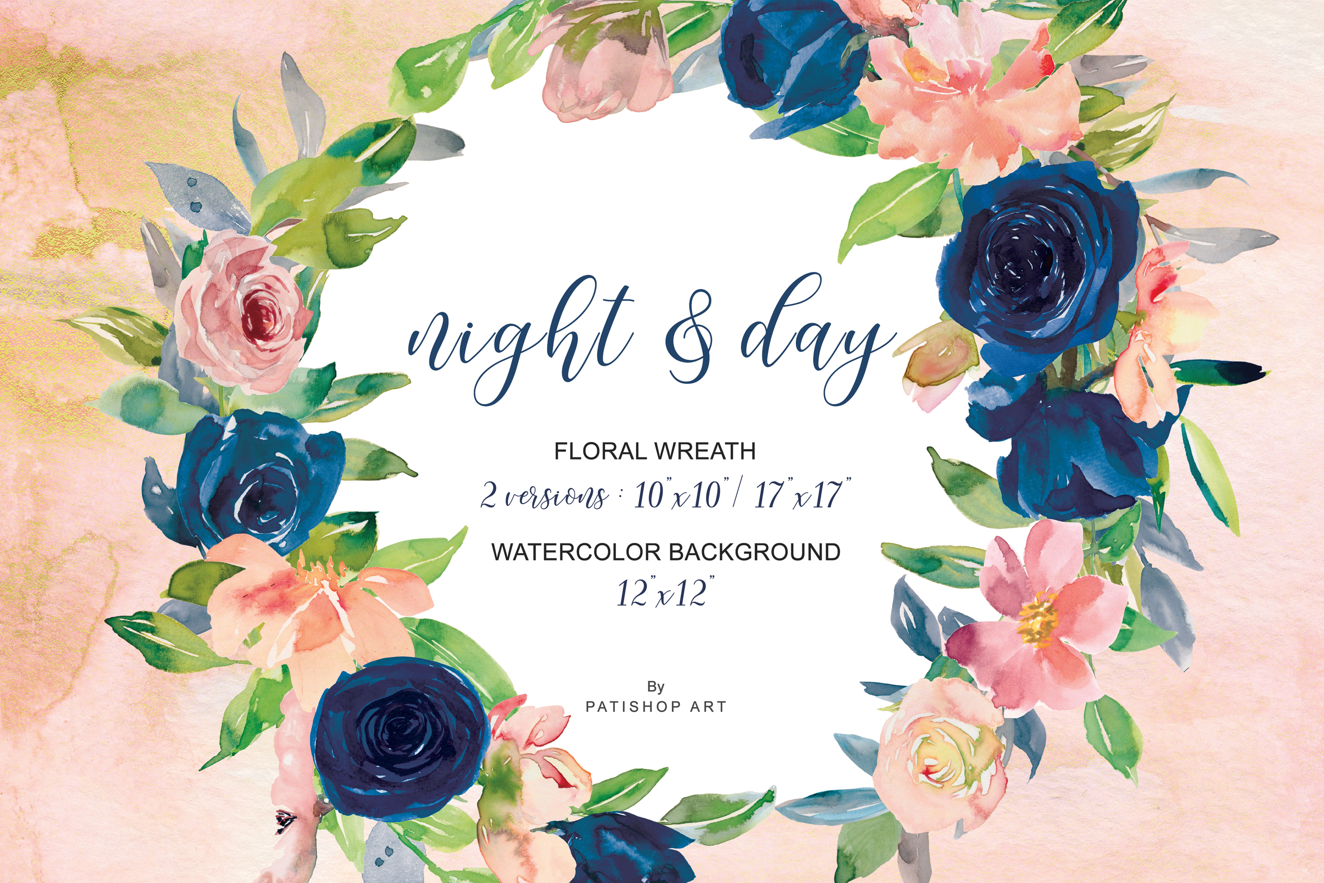 Download Watercolor Navy and Blush Flowers Wreath