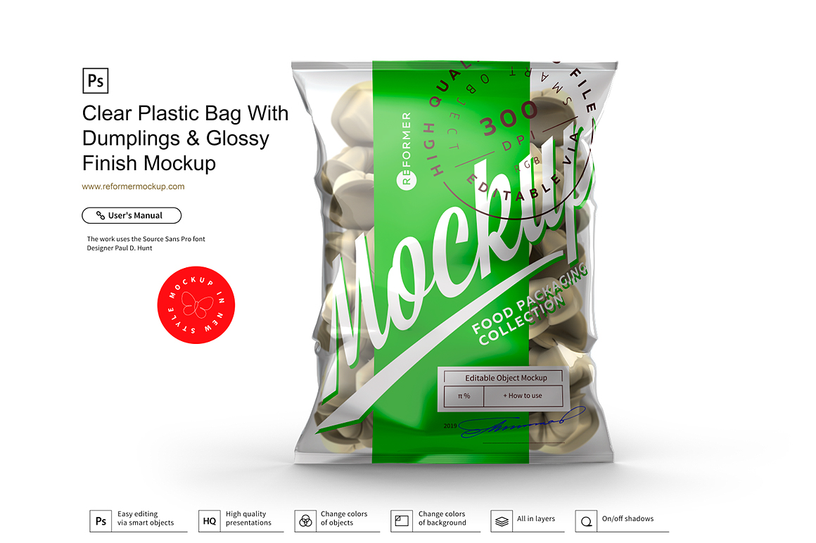 Download Clear Plastic Bag With Dumplings & Glossy Finish Mockup