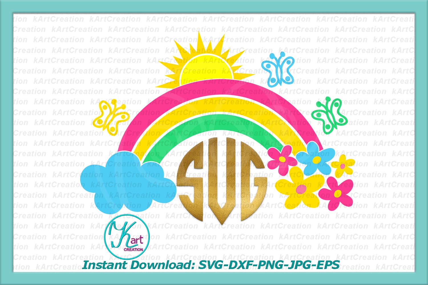 Download Rainbow flowers sun butterflies cloud monogram svg dxf png ...