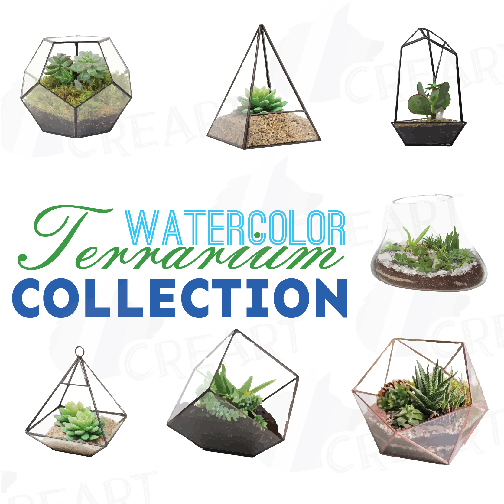 Watercolor Terrarium cliparts, Succulent Garden, Glass Terrarium