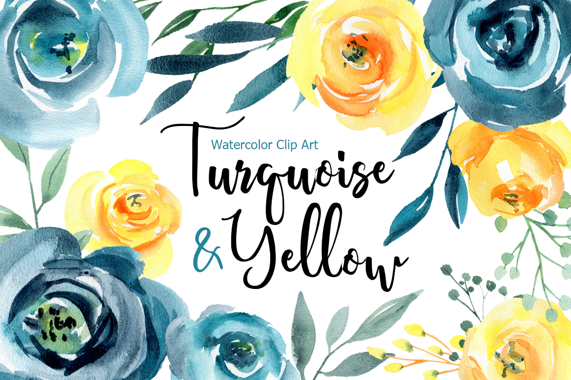 Download Turquoise Blue & Yellow Watercolor Roses Flowers PNG