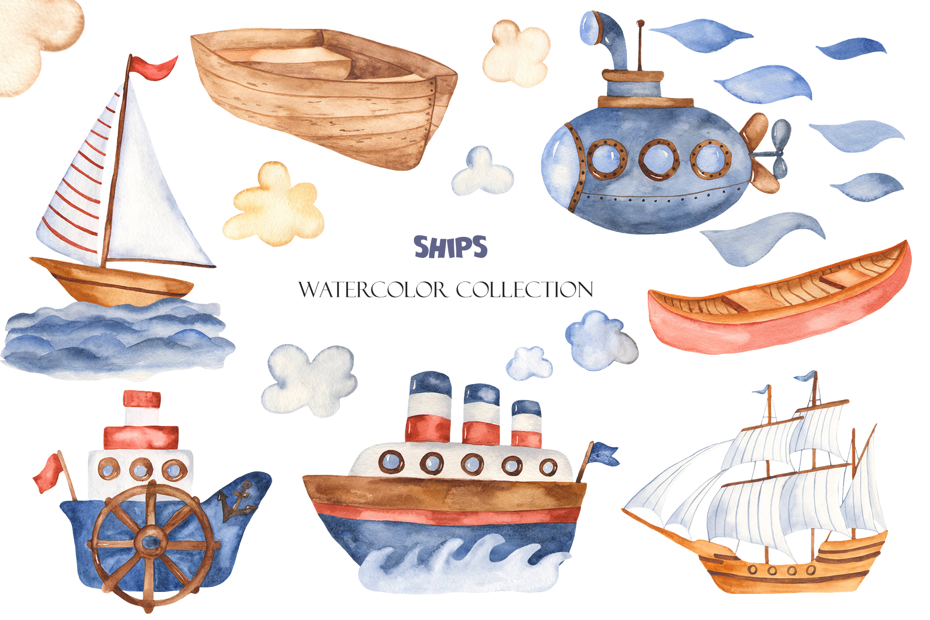 Water Transport Watercolor Clipart. Ships, Lighthouse, Boat (301042 