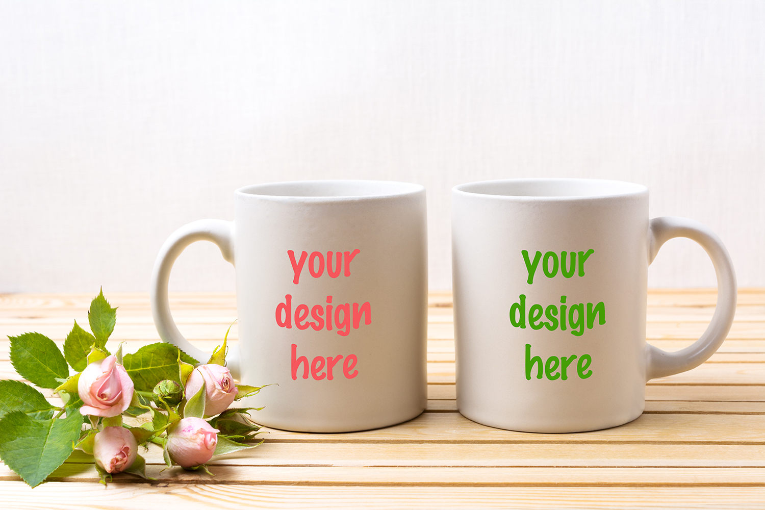 Download Two white coffee mug mockup with tender pale pink roses