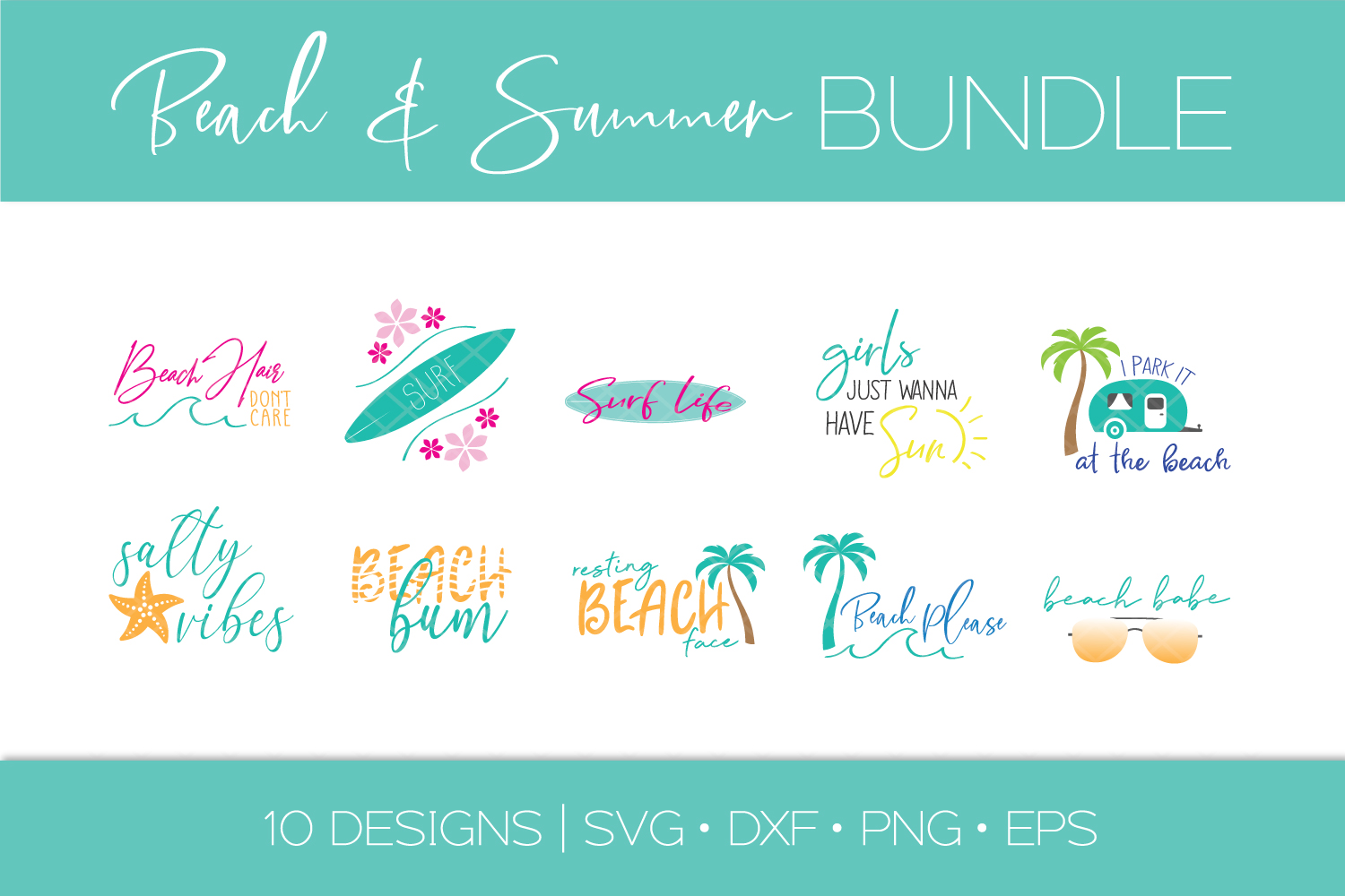 Download Beach Summer SVG Bundle - Surf - Sun - Waves - Palm Tree ...