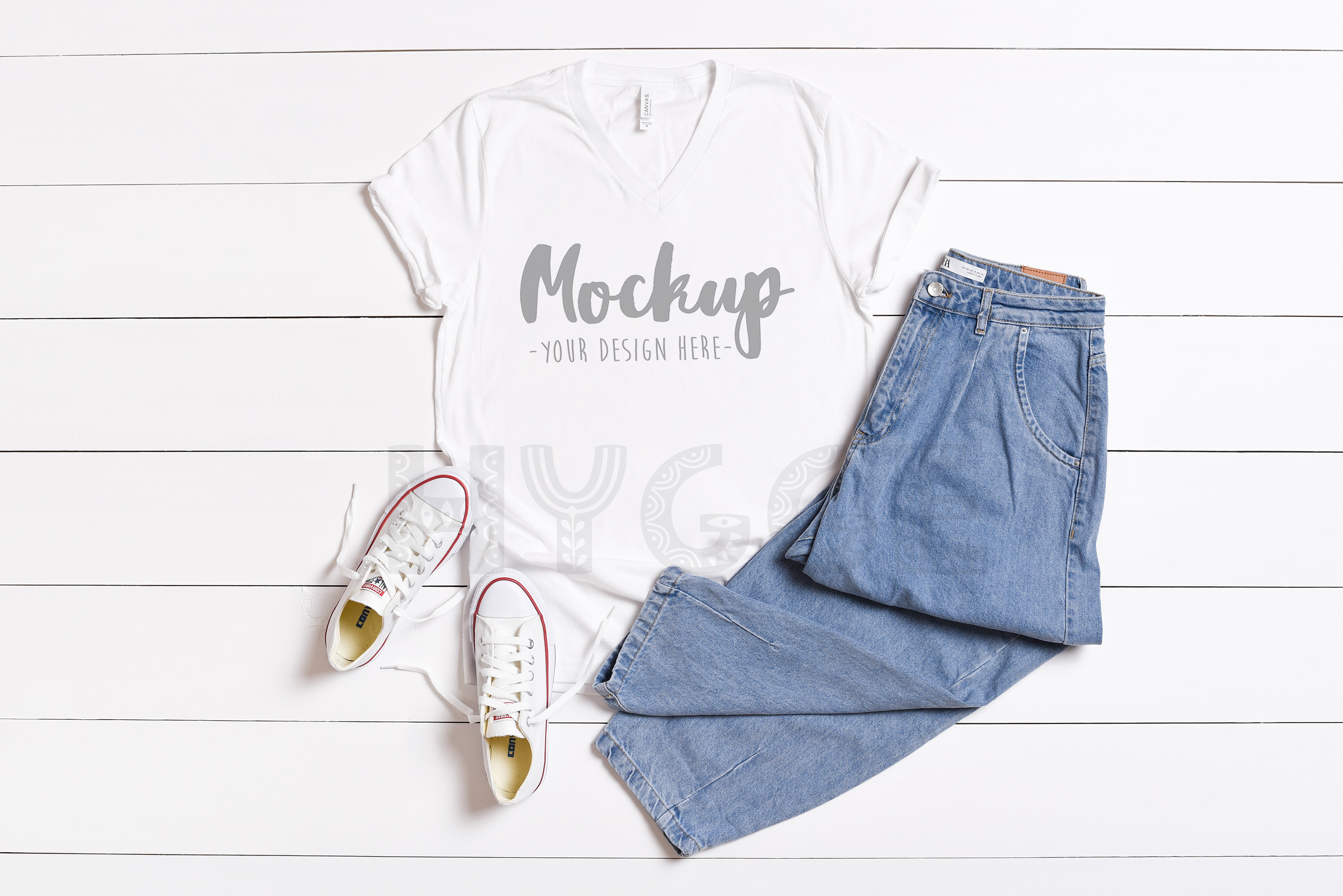 Download Basic Bella Canvas 3005 White V-Neck T-shirt Mockup Flat Lay