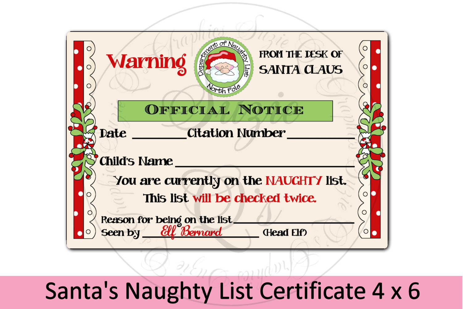 Santa's Naughty List Certificate 4 x 6 inches