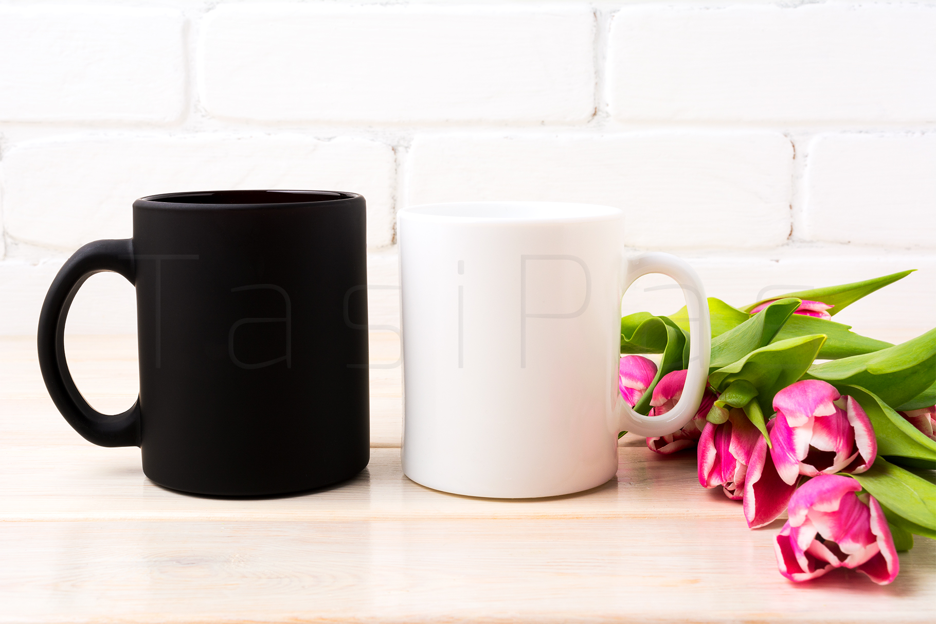 Download White and black mug mockup with rich magenta pink tulips ...