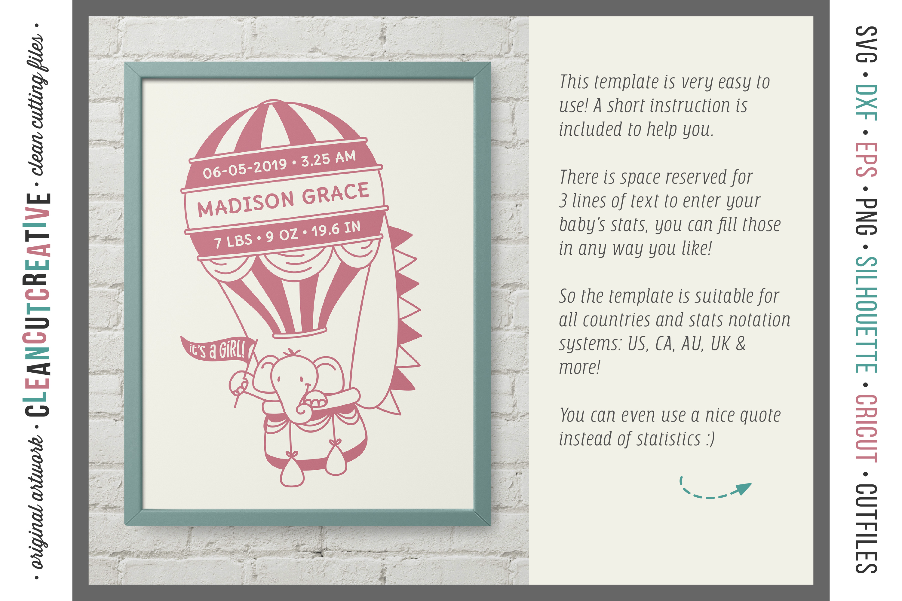 Download HOT AIR BALLOON Baby Birth Stats Baby Announcement SVG file
