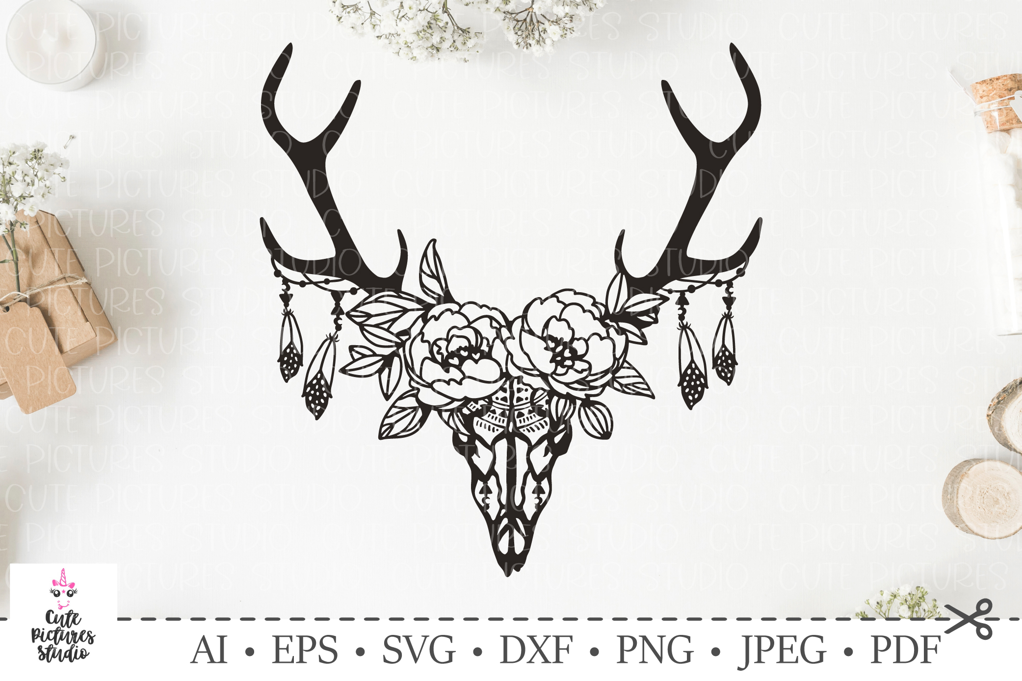 Skull of deer with a wreath of flowers and leaves. SVG cut. (227587