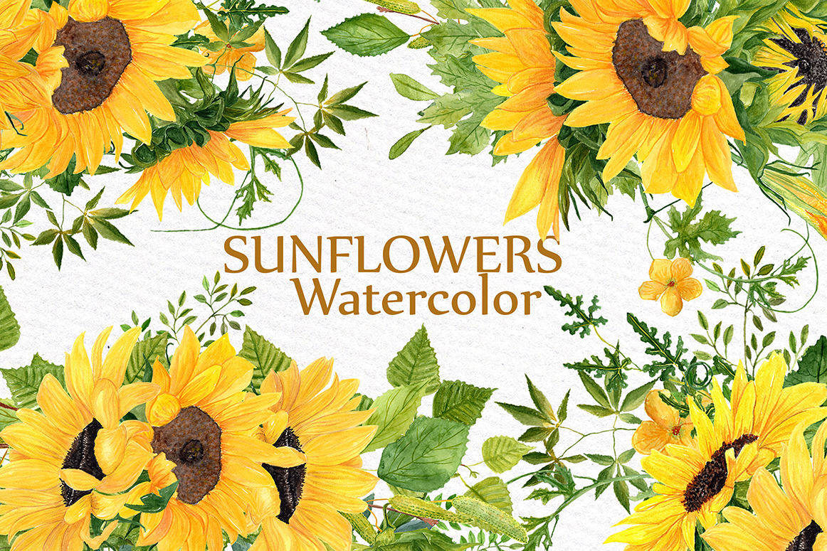 Sunflower clipart Watercolor Wreath (27796) | Illustrations | Design Bundles