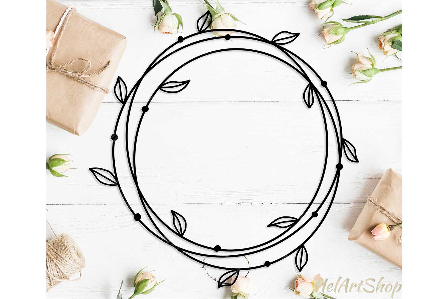 Circle frame with leaves svg, Round frame svg, Double frame