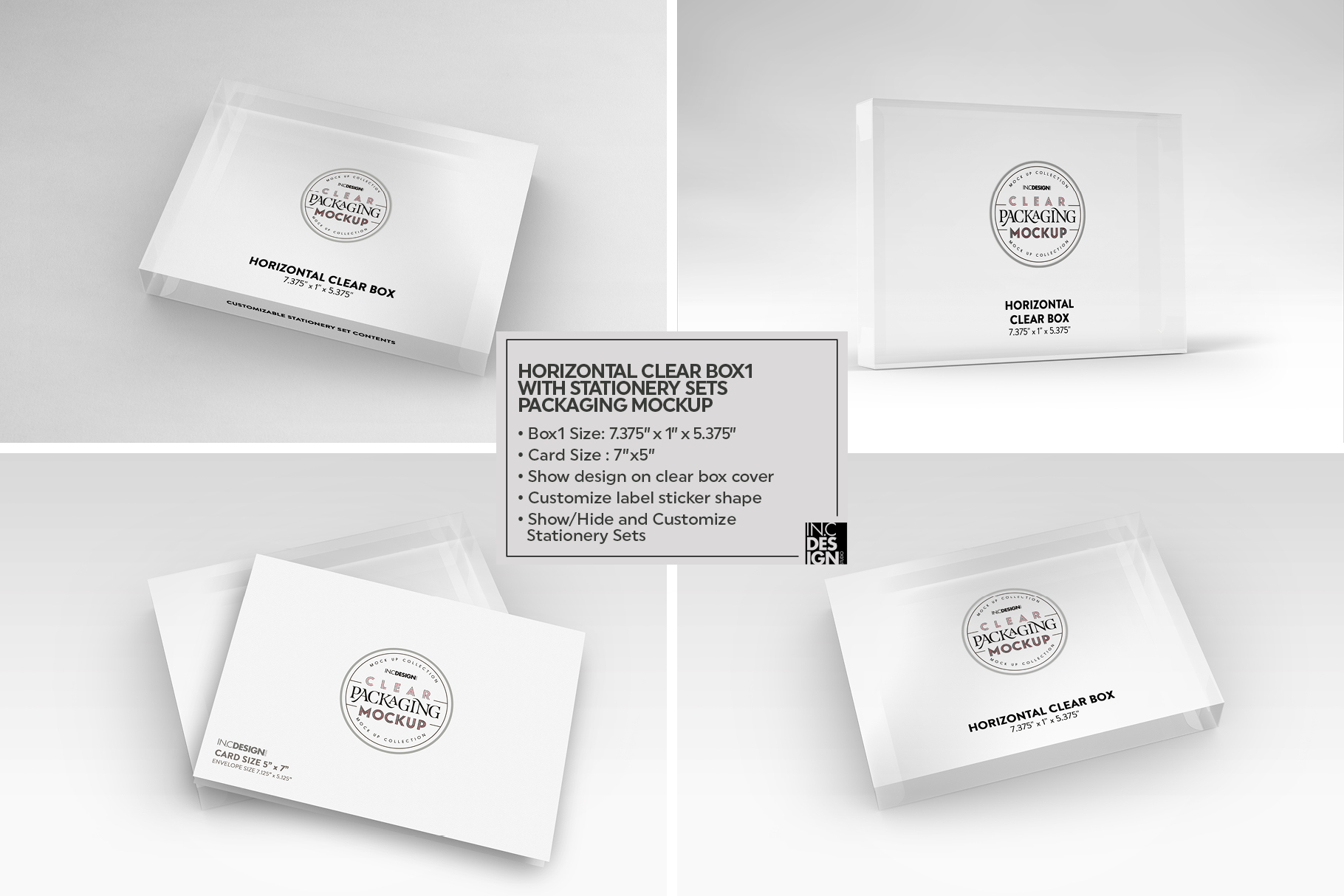 Download Clear Horizontal Boxes with Stationery Set Packaging Mockup