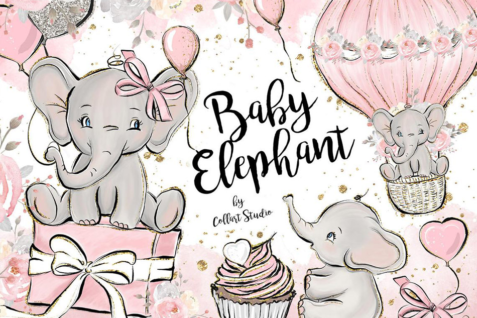 Baby Elephant clipart, Baby girl clipart, birthday clipart ...