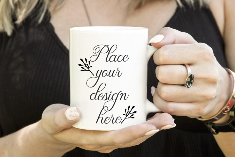 Girl woman holding cup in hands coffee 11oz psd mug mock up