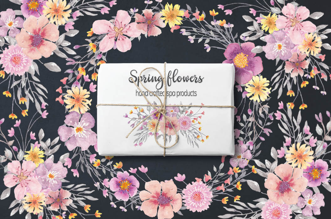 Spring flower watercolor clip art: wreath and sprays