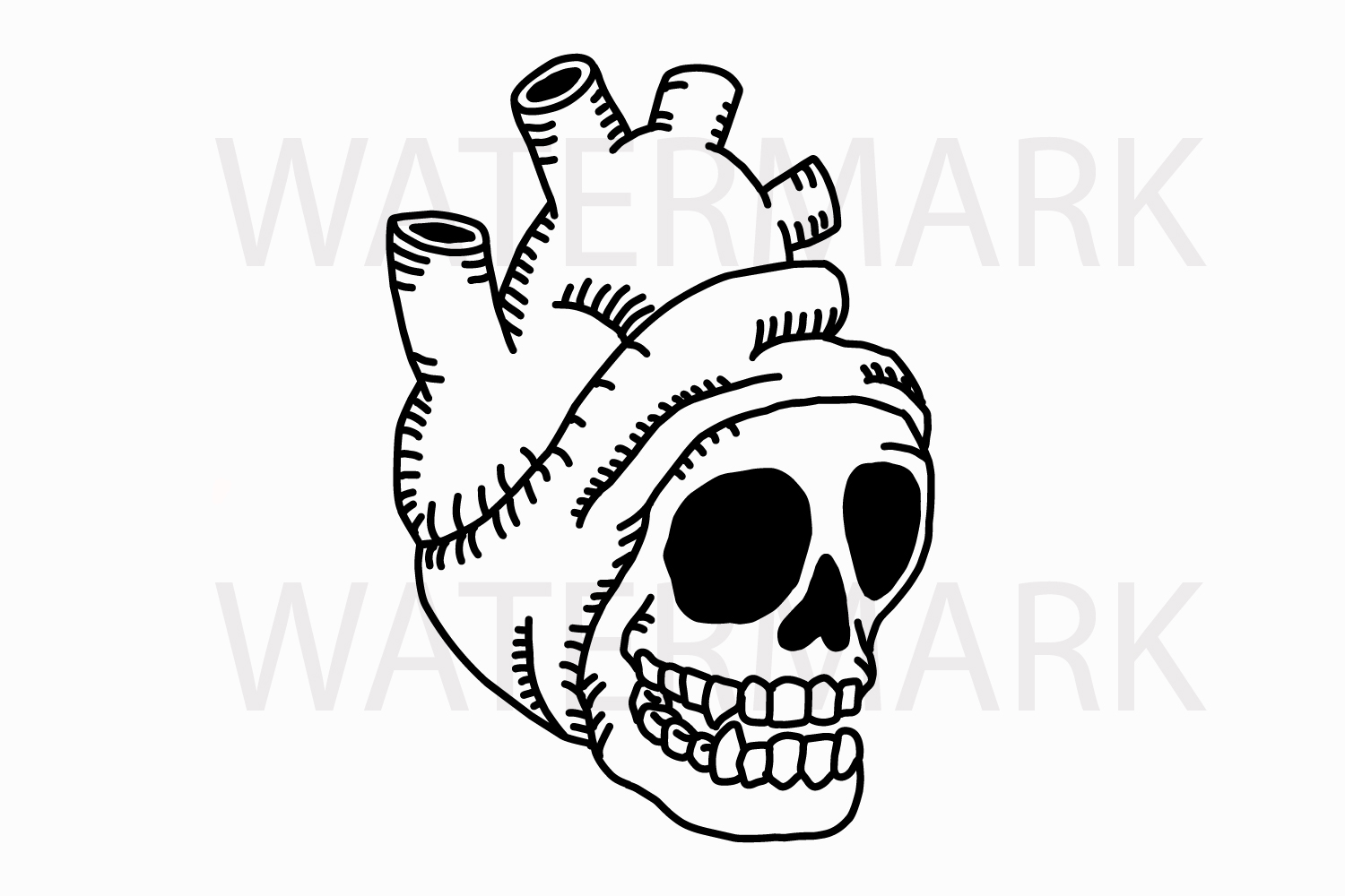 Skull in heart- SVG/JPG Hand Drawing (95738) | Illustrations | Design