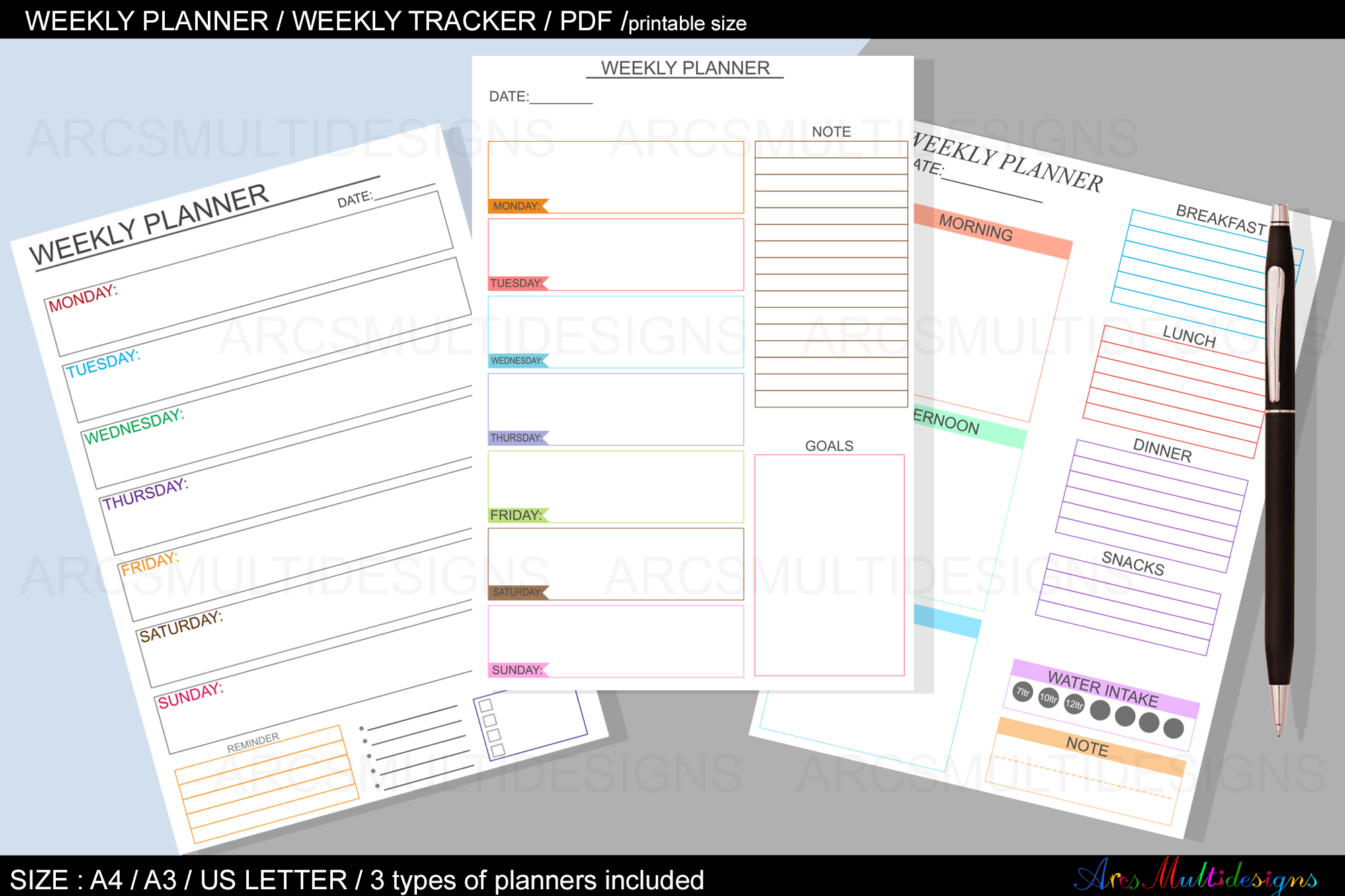 weekly planner printable tracker undated weekly planner