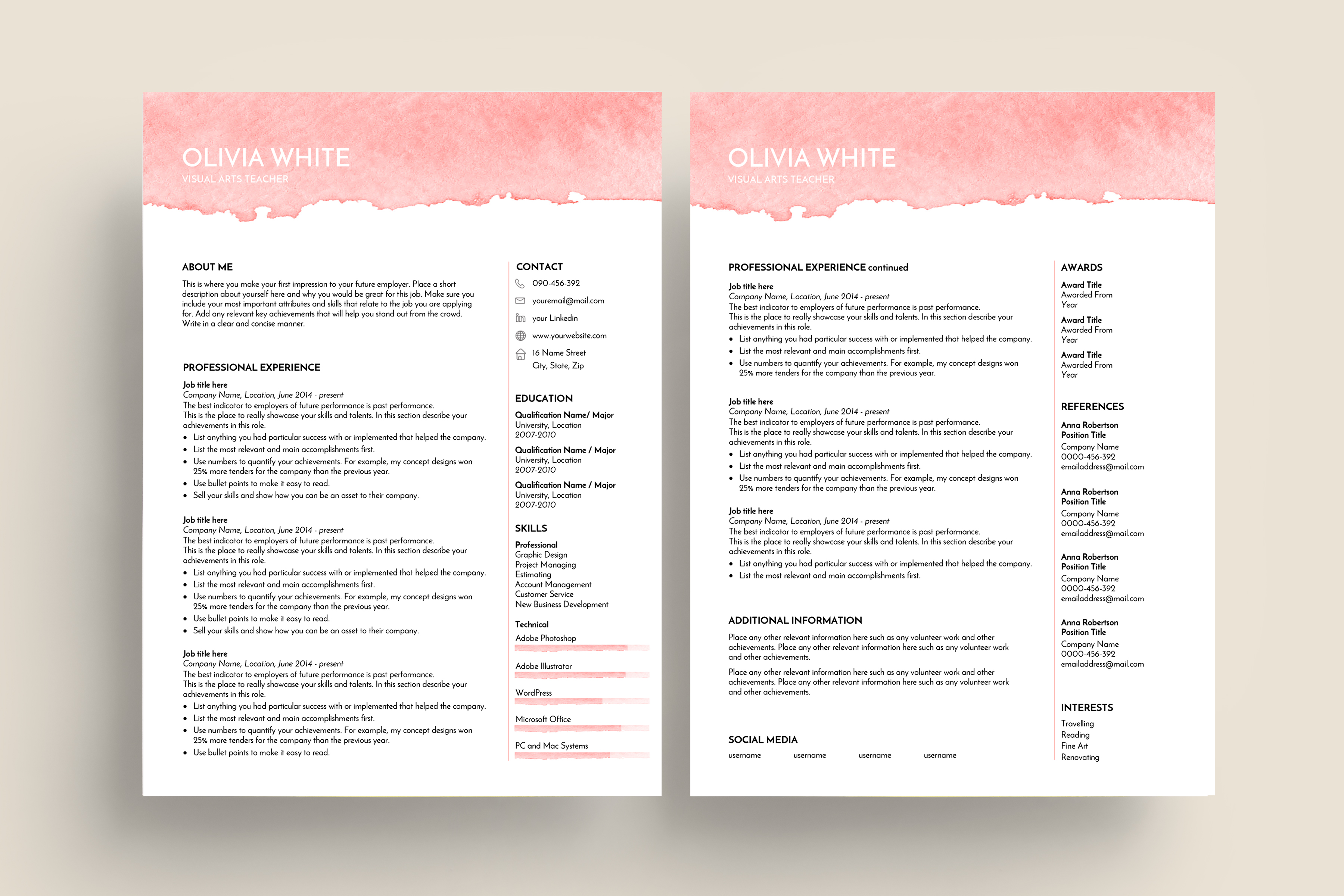 resume template    pink watercolor    feminine