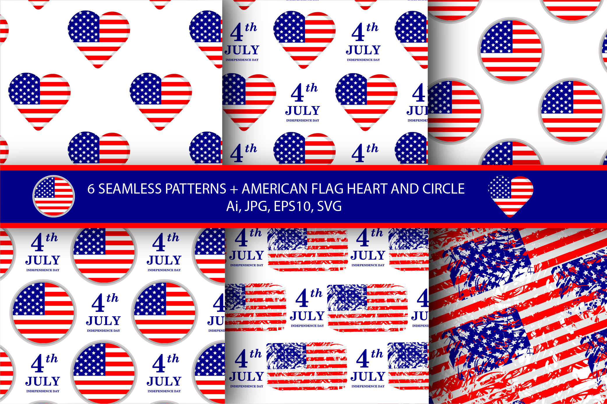 American flag patterns. 4th of July. Ai, EPS10, SVG, JPG
