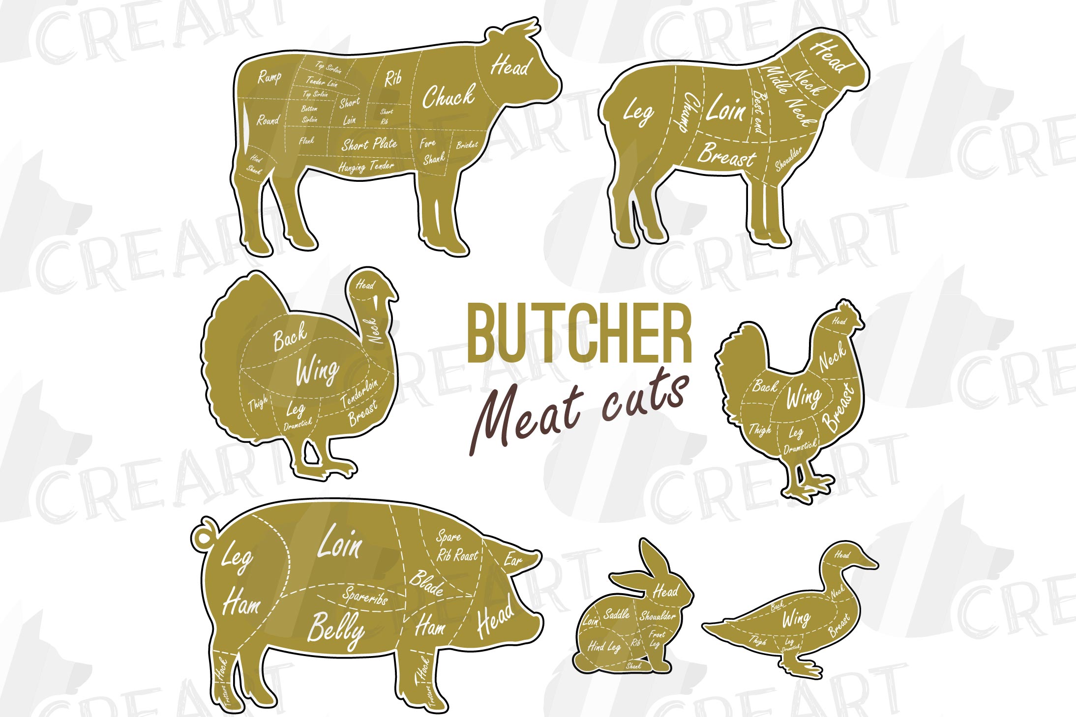 Butcher diagram clipart, cuts of meat lamb, beef, pork, chic