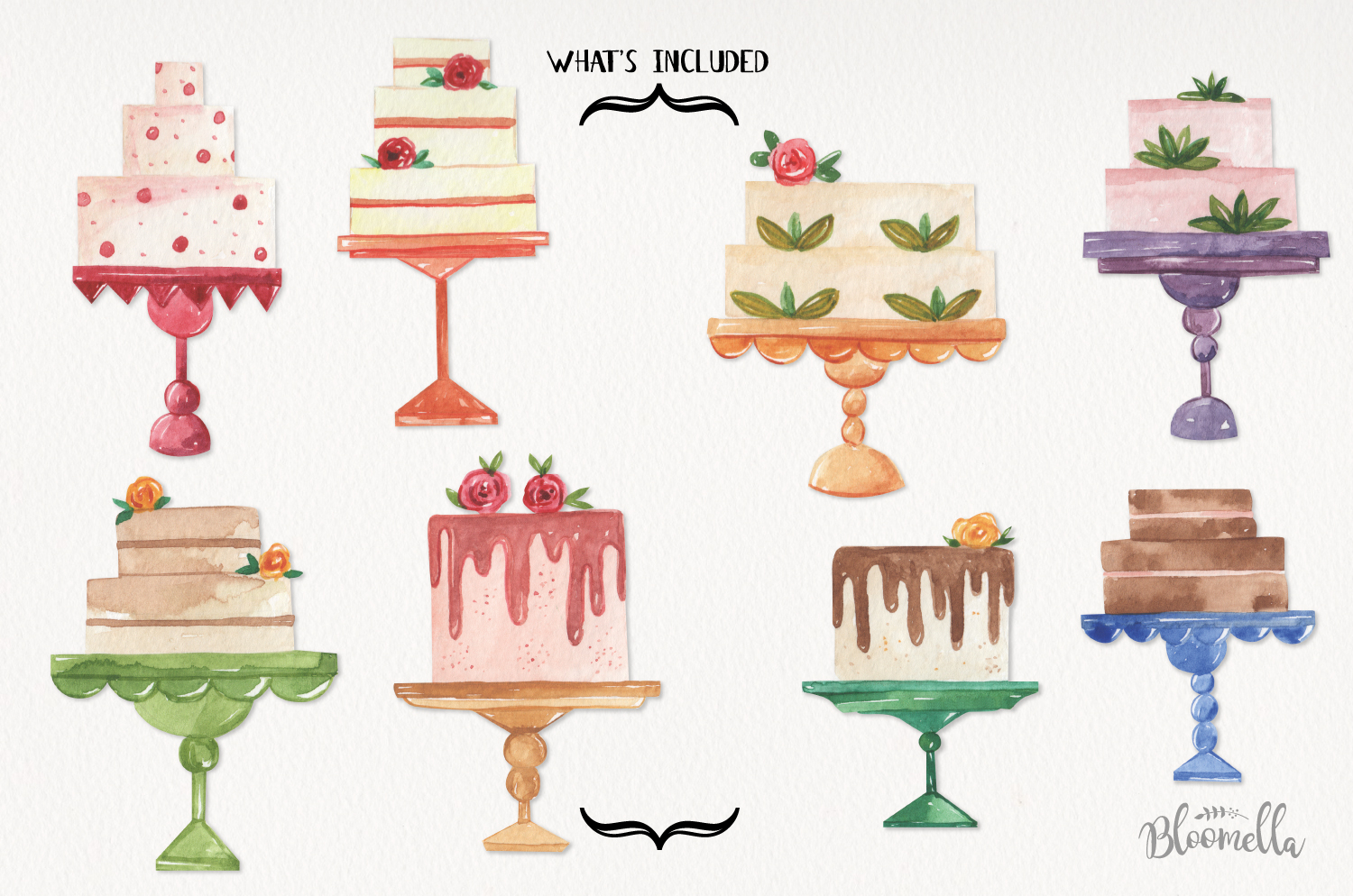 Watercolor 8 Cake Elements Icing Stands Bakery Leaves Pretty