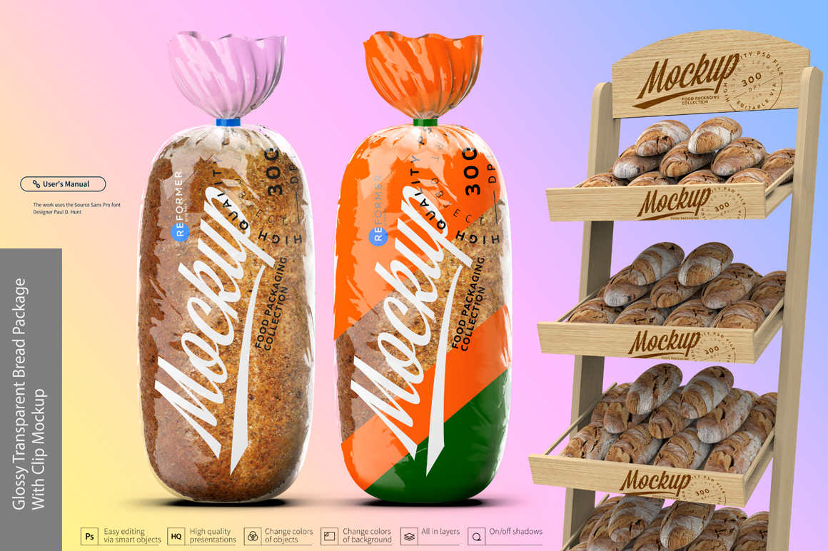 Download Glossy Transparent Bread Package with Clip Mockup (124297) | Mock Ups | Design Bundles