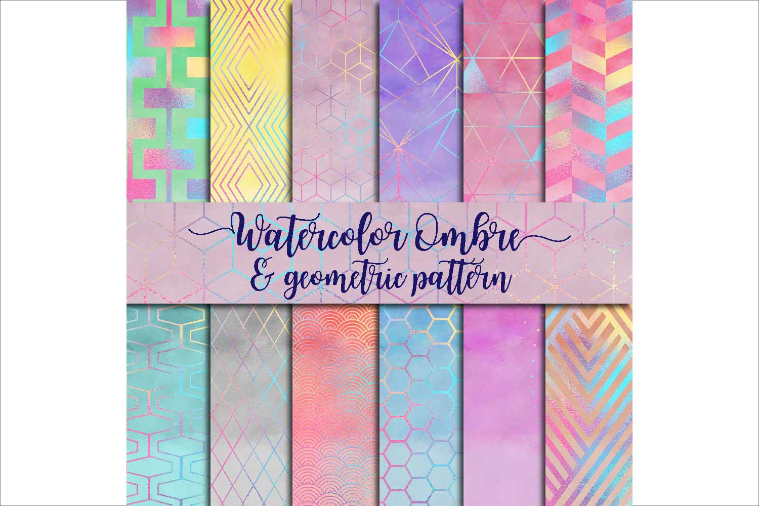 Download Watercolor Ombre & Geometric Pattern Digital Paper