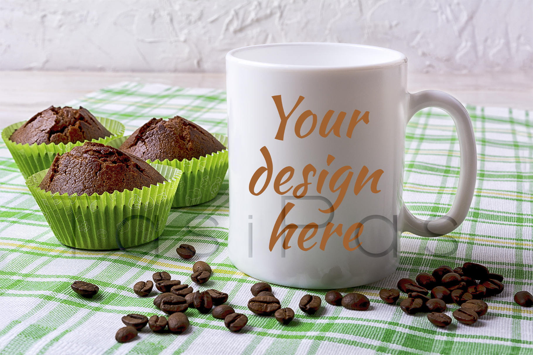 Download White mug mockup with chocolate muffins on green checkered ...